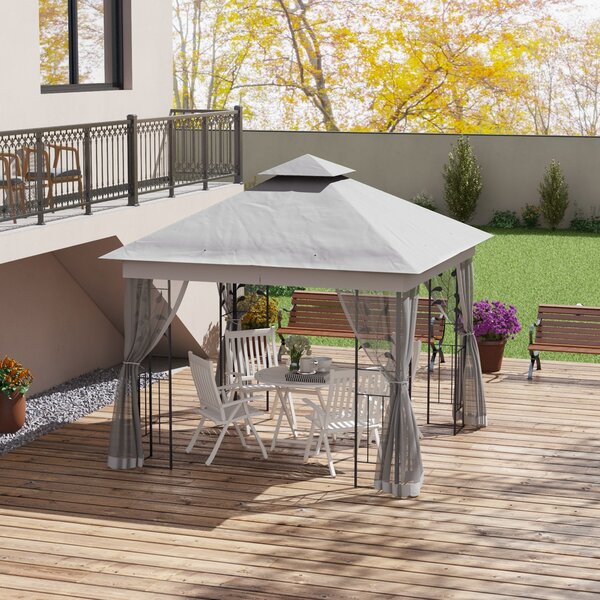 Outsunny Gazebo a doppio tetto, 3x3 m idrorepellente, stabile, resistente all'inverno, gazebo da giardino con zanzariera Grigio chiaro | Aosom Italy