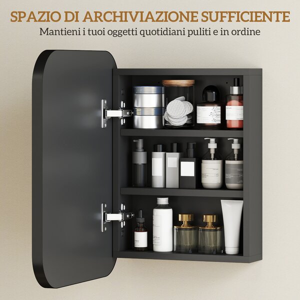HOMCOM Armadietto con Specchio Contenitore a 2 Ripiani Regolabili, in Legno e Vetro, 40.2x10.2x50.9 cm, Nero | Aosom Italy