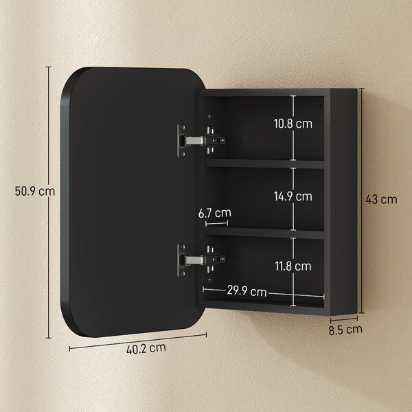 HOMCOM Specchiera bagno, Armadietto bagno con specchio, Ripiano regolabile, 40,2 x 10,2 x 50,9 cm, Nero | Aosom Italy