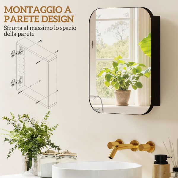 HOMCOM Armadietto con Specchio Contenitore a 2 Ripiani Regolabili, in Legno e Vetro, 40.2x10.2x50.9 cm, Nero | Aosom Italy