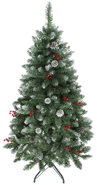 Albero di Natale Innevato 150 cm 398 Rami con Pigne e Bacche Rosse Base in Metallo Verde