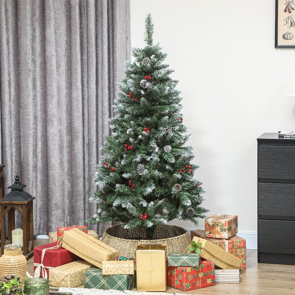 Albero di Natale Innevato 150 cm 398 Rami con Pigne e Bacche Rosse Base in Metallo Verde