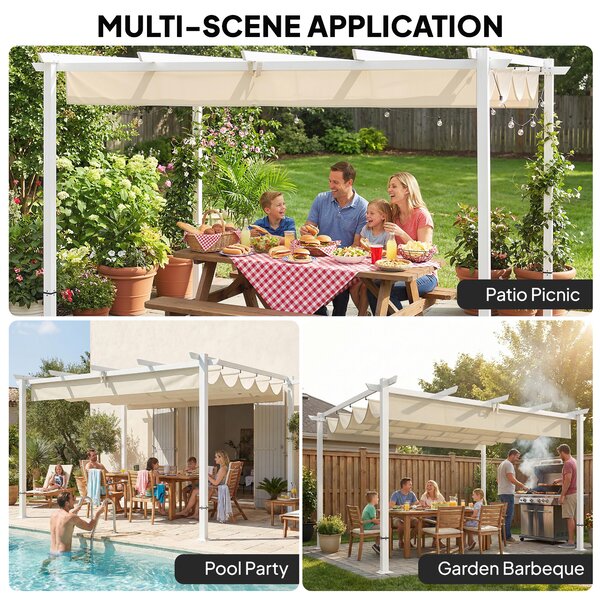 Outsunny Pergola 3 x 4 m Copertura per terrazza con tetto scorrevole, chiusure magnetiche, UV30+ Beige | Aosom Italy