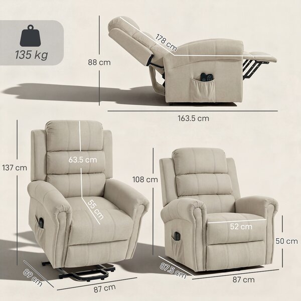 HOMCOM Poltrona alzapersona elettrica, poltrona relax elettrica con funzione massaggio e riscaldamento, 87 x 87,5 x 108 cm, beige | Aosom Italy