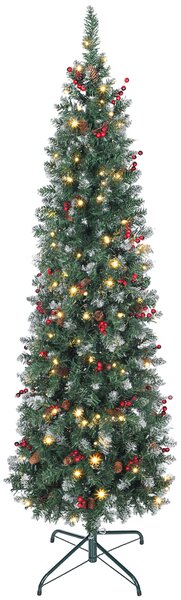 Albero di Natale Innevato 180 cm con 200 Luci LED con 42 Pigne e 42 Grappoli di Bacche Verde e Argento