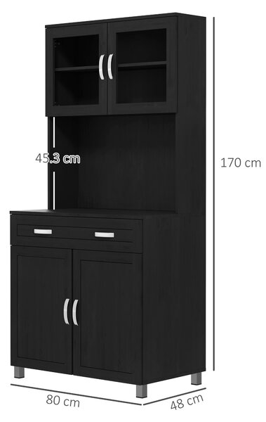 HOMCOM Buffet alto per cucina, armadio da cucina con 4 ante, cassetto, piano di lavoro, ripiani regolabili, 80x48x170cm, nero | Aosom Italy