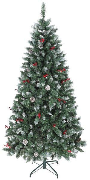 Albero di Natale Alto 180 cm con 620 Rami Pigne e Bacche Rosse con Base in Metallo Verde