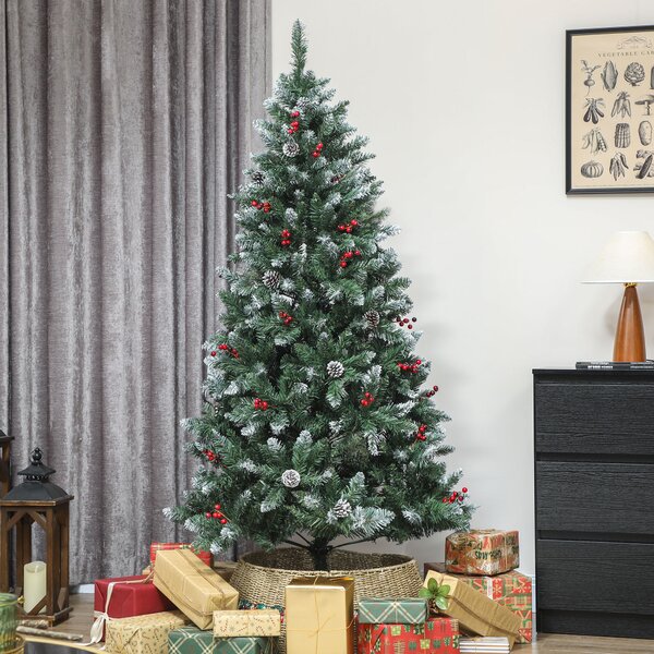 Albero di Natale Alto 180 cm con 620 Rami Pigne e Bacche Rosse con Base in Metallo Verde
