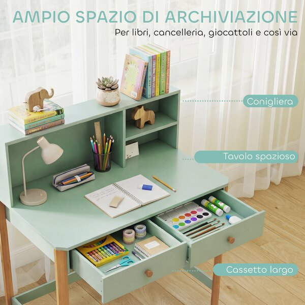 AIYAPLAY Scrivania per Bambini 5-12 Ani con 3 Ripiani e 2 Cassetti, in Legno, 90x52x105 cm, Verde | Aosom Italy