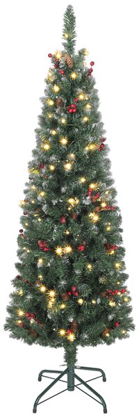 Albero di Natale Illuminato 150 cm con 150 Luci LED 30 Pigne e 30 Grappoli di Bacche Verde e Argento