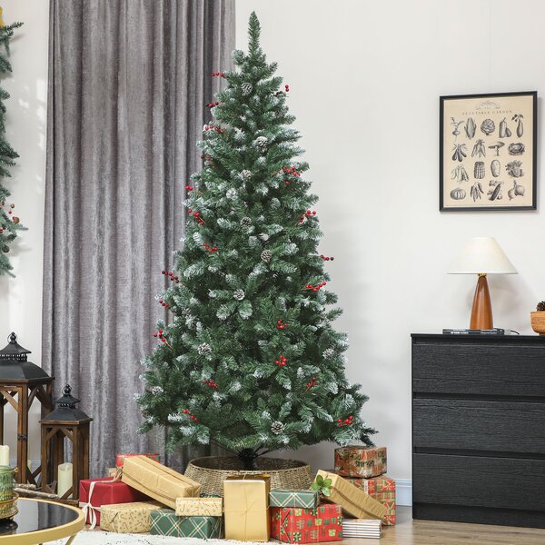 Albero di Natale Alto 210 cm 928 Rami Pigne e Bacche Rosse Base in Metallo Verde