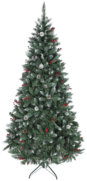 Albero di Natale Alto 210 cm 928 Rami Pigne e Bacche Rosse Base in Metallo Verde