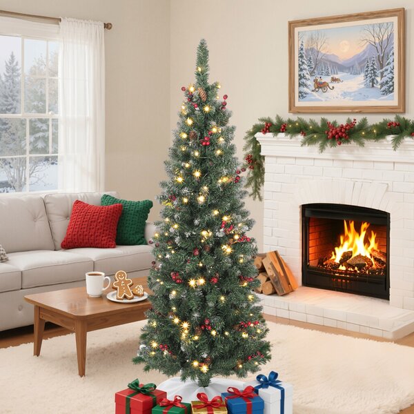 Albero di Natale Illuminato 150 cm con 150 Luci LED 30 Pigne e 30 Grappoli di Bacche Verde e Argento