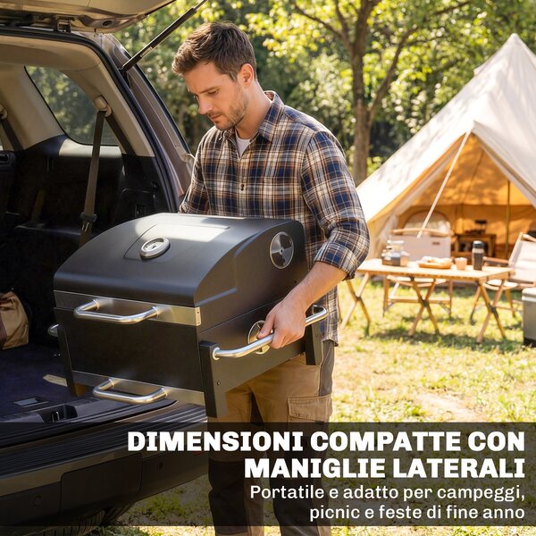 Outsunny Barbecue Carbonella BBQ Portatile con Termometro e Raccogli Cenere Nero | Aosom Italy