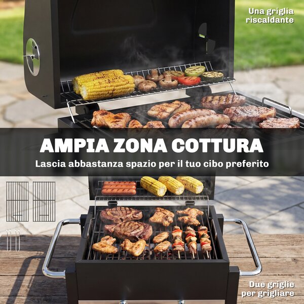 Outsunny Barbecue Carbonella BBQ Portatile con Termometro e Raccogli Cenere Nero | Aosom Italy