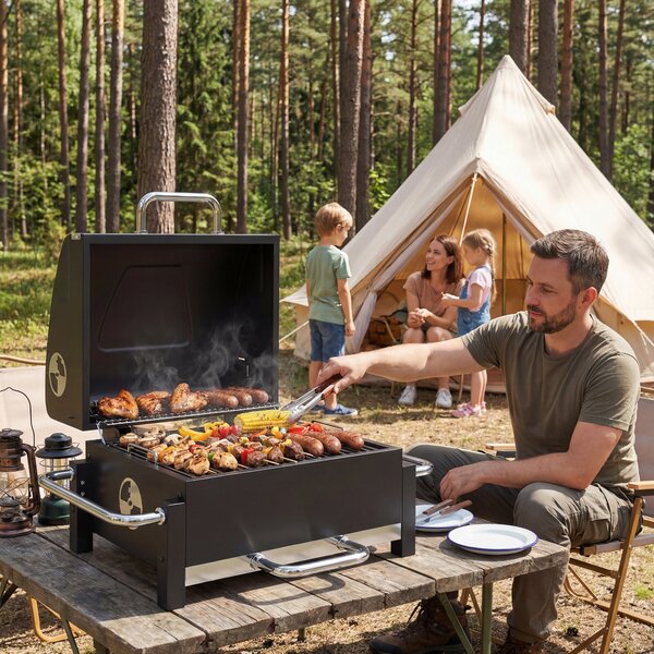 Outsunny Barbecue Carbonella BBQ Portatile con Termometro e Raccogli Cenere Nero | Aosom Italy