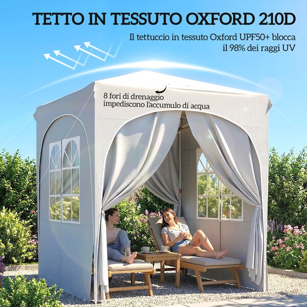 Outsunny Gazebo Pieghevole Gazebo da Giardino UPF50+ Portatile 2x2m Grigio Chiaro | Aosom Italy