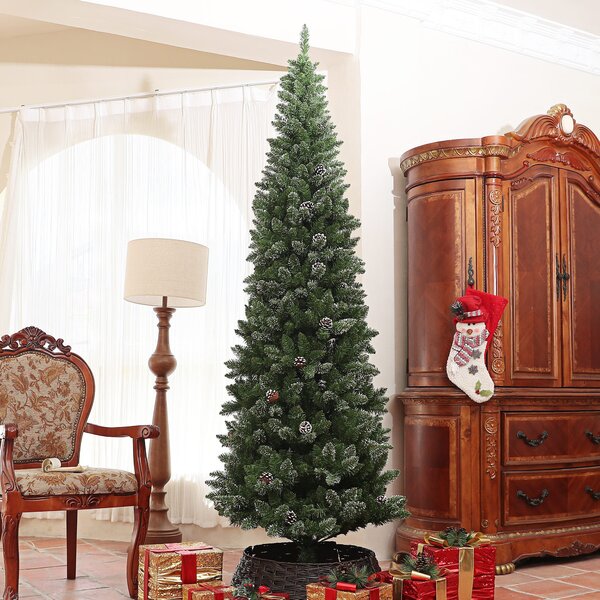 Albero di Natale Innevato Slim Alto 225 cm con 980 Rami Pigne e Base in Acciaio Verde