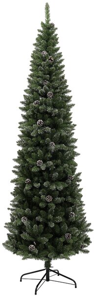 Albero di Natale Innevato Slim Alto 225 cm con 980 Rami Pigne e Base in Acciaio Verde