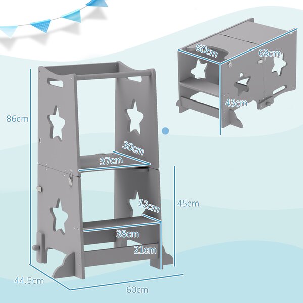AIYAPLAY Scala Montessori Convertibile in Set Tavolo e Sedie con Barra di Sicurezza, in Legno, 60x44.5x86 cm, Grigio | Aosom Italy