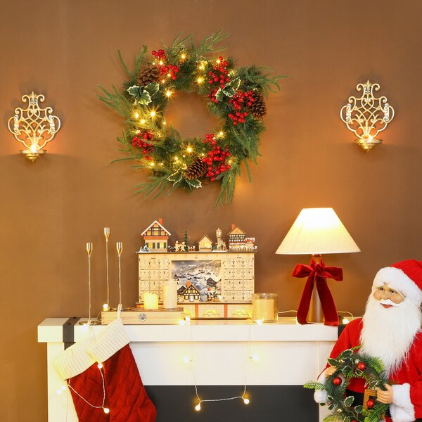Ghirlanda Natalizia Decorativa da Interno 60cm con 35 LED Pigne Bacche e Agrifoglio