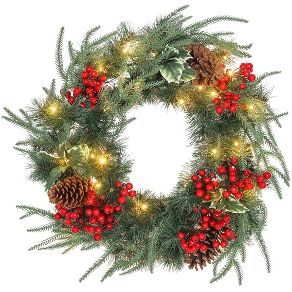 Ghirlanda Natalizia Decorativa da Interno 60cm con 35 LED Pigne Bacche e Agrifoglio