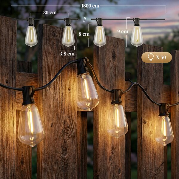 HOMCOM Catena Luminosa da Esterno con 50 Luci LED IP44, in PET e Plastica, 1800x3.8x9 cm, Nero e Trasparente | Aosom Italy
