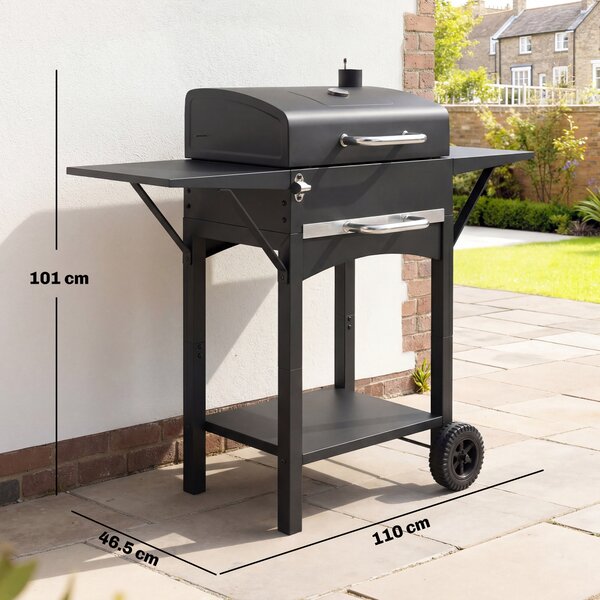 Outsunny Barbecue a Carbone con 2 Ripiani Laterali, Termometro, Coperchio e Ruote, 110x46.5x101 cm, Nero | Aosom Italy
