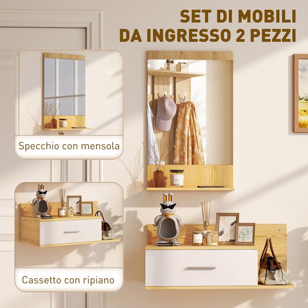 HOMCOM Set da Ingresso con Specchio con Mensola e Mobiletto a Parete con Cassetto e 2 Ripiani Aperti, in Legno e Vetro | Aosom Italy