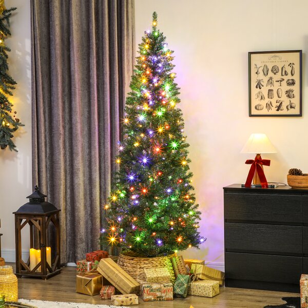 Albero di Natale Slim 210 cm 1273 Rami con 350 Luci LED Bianche e Colorate 9 Modalità di Illuminazione Verde