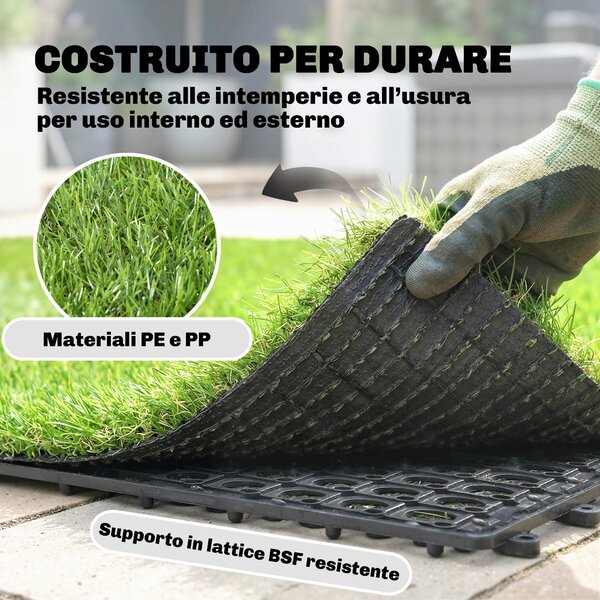 Outsunny Set da 22 pezzi Tappetino di Erba Sintetica, Pelo 25 mm, 30x30 cm, Verde | Aosom Italy