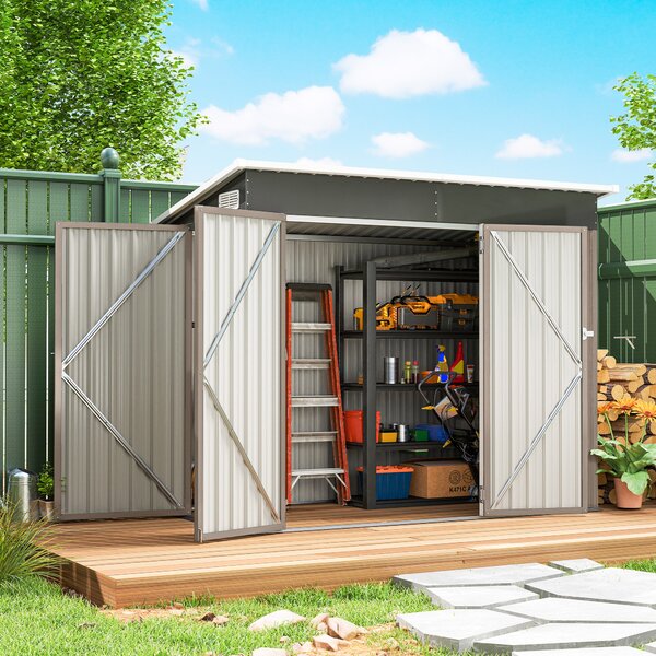 Outsunny Capanno da giardino in metallo casetta da giardino esterna tripla porta chiudibile a chiave tetto inclinato aerazioni 234x132x185cm grigio | Aosom Italy