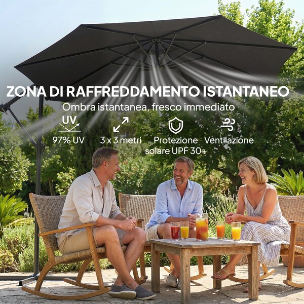 Outsunny Ombrellone da Giardino a Sbalzo Regolabile, 3x3m, Nero | Aosom Italy
