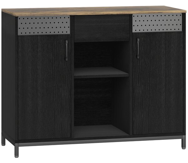 HOMCOM Credenza con 2 Ante, 2 Vani, Cassetto e Ripiani Regolabili 100x40x80 cm Nero e Marrone Rustico | Aosom Italy