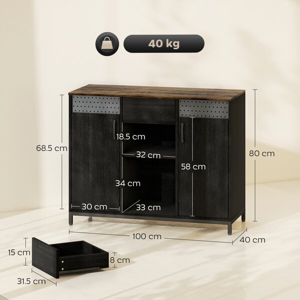 HOMCOM Credenza con 2 Ante, 2 Vani, Cassetto e Ripiani Regolabili 100x40x80 cm Nero e Marrone Rustico | Aosom Italy