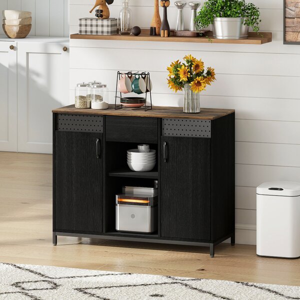 HOMCOM Credenza con 2 Ante, 2 Vani, Cassetto e Ripiani Regolabili 100x40x80 cm Nero e Marrone Rustico | Aosom Italy