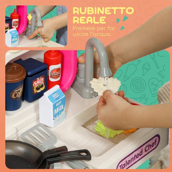 AIYAPLAY Cucina Giocattolo per Bambini 3-6 Anni con 104 Accessori, in PP, PE e ABS, 52.5x22x100 cm, Rosa | Aosom Italy