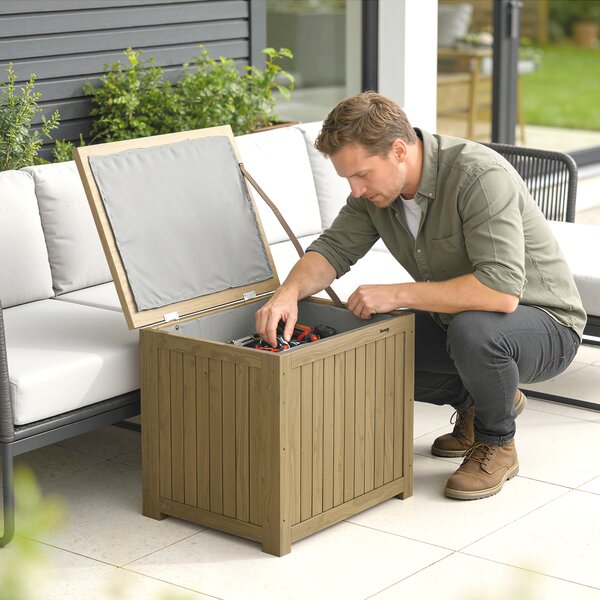 Outsunny Cassapanca da Esterno 130L con Coperchio Cerniere e Cinghia, in Legno, 63x51x58.5 cm, Marrone | Aosom Italy