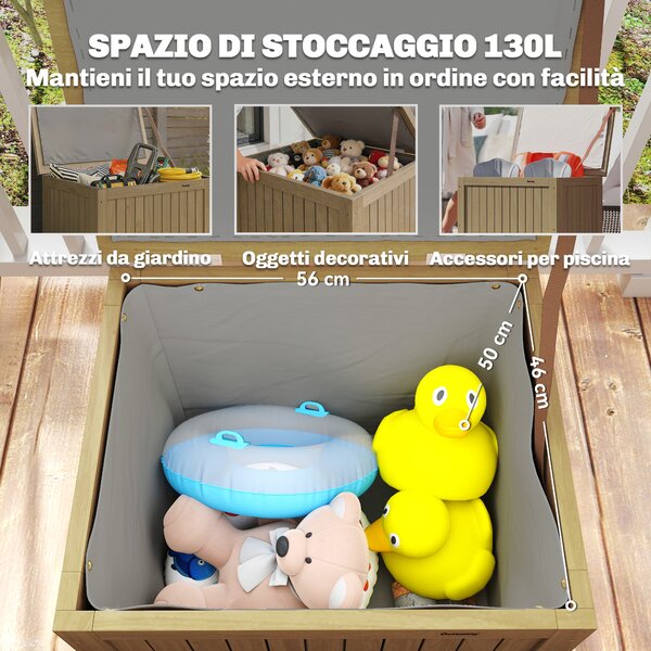 Outsunny Cassapanca da Esterno 130L con Coperchio Cerniere e Cinghia, in Legno, 63x51x58.5 cm, Marrone | Aosom Italy
