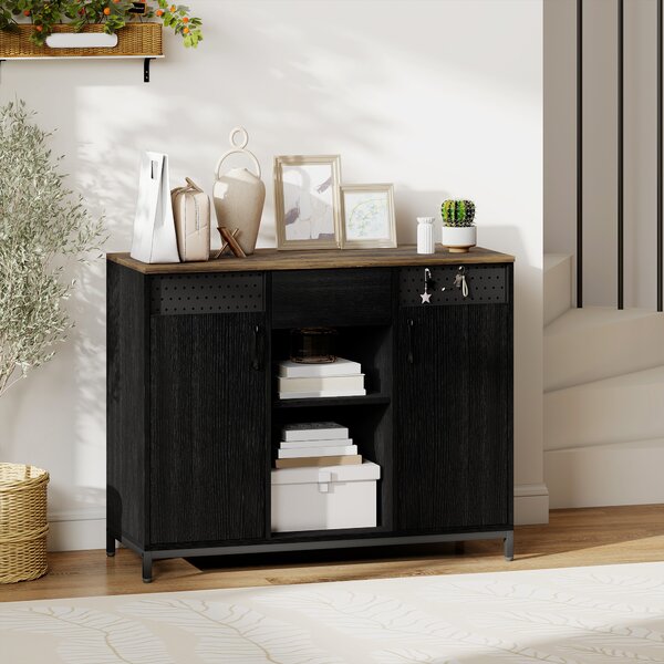 HOMCOM Credenza con 2 Ante, 2 Vani, Cassetto e Ripiani Regolabili 100x40x80 cm Nero e Marrone Rustico | Aosom Italy