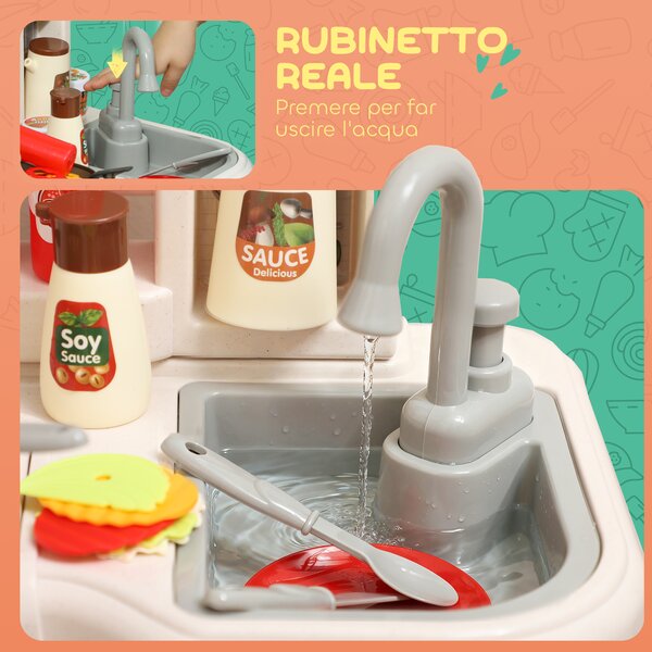 AIYAPLAY Cucina Giocattolo per Bambini 3-6 Anni con 92 Accessori, in PP, PE e ABS, 44.5x24x79 cm, Verde | Aosom Italy
