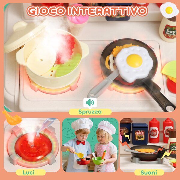 AIYAPLAY Cucina Giocattolo per Bambini 3-6 Anni con 92 Accessori, in PP, PE e ABS, 44.5x24x79 cm, Verde | Aosom Italy