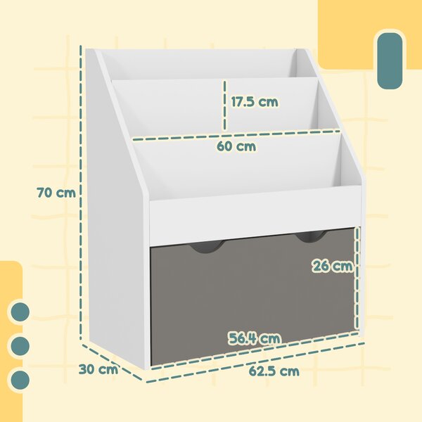 AIYAPLAY Libreria per Bambini 3-8 Anni a 3 Ripiani con Cassetto Inferiore, in MDF, 62.5x30x70 cm, Grigio | Aosom Italy