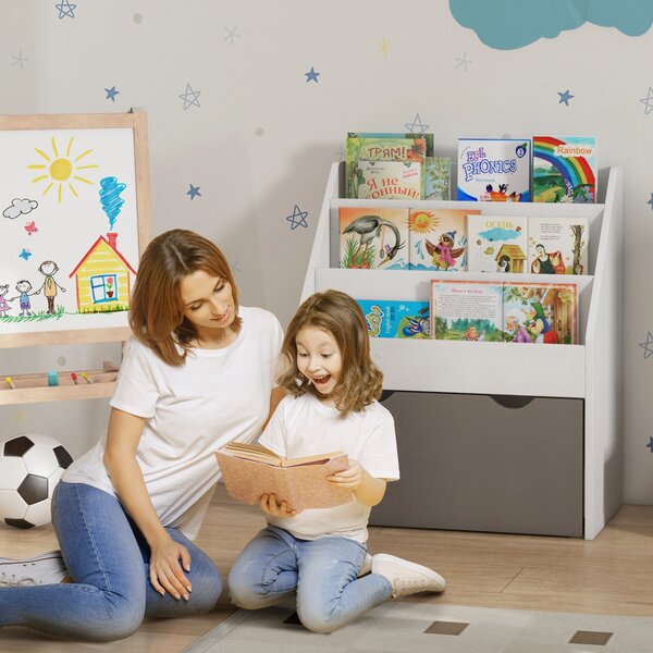 Libreria per Bambini 3-8 Anni 62.5x30x70 cm a 3 Ripiani con Cassetto Inferiore in MDF Grigio