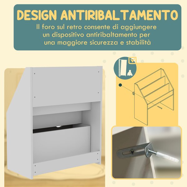 AIYAPLAY Libreria per Bambini 3-8 Anni a 3 Ripiani con Cassetto Inferiore, in MDF, 62.5x30x70 cm, Grigio | Aosom Italy
