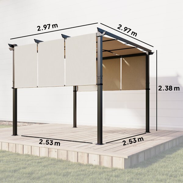 Outsunny Pergola con 3 teli scorrevoli 3 x 3 x 2,38 m struttura in acciaio nera telo in poliestere ad alta densità beige | Aosom Italy