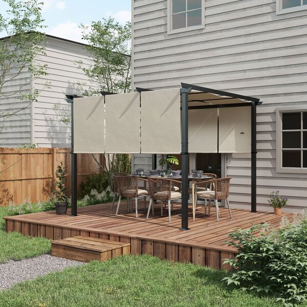 Outsunny Pergola con 3 teli scorrevoli 3 x 3 x 2,38 m struttura in acciaio nera telo in poliestere ad alta densità beige | Aosom Italy
