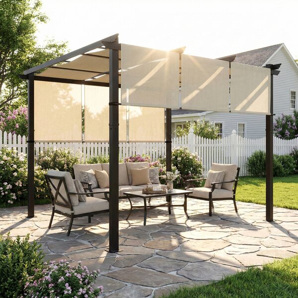 Outsunny Pergola con 3 teli scorrevoli 3 x 3 x 2,38 m struttura in acciaio nera telo in poliestere ad alta densità beige | Aosom Italy