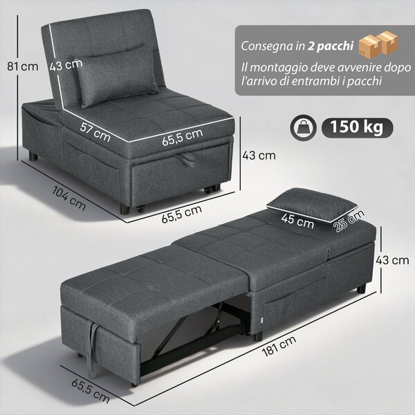 HOMCOM Poltrona Letto Singolo Poltroncina Reclinabile 4-in-1, Grigio | Aosom Italy
