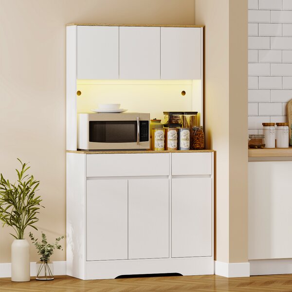 HOMCOM Buffet cucina mobile cucina alto con luce LED RGB, piano di lavoro, 6 ante, 2 cassetti, bianco | Aosom Italy